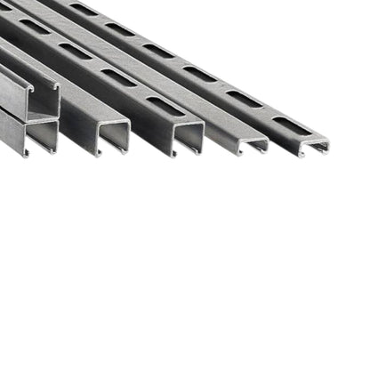 Five gray metal channel profiles with rectangular cutouts, arranged diagonally on a plain white background.