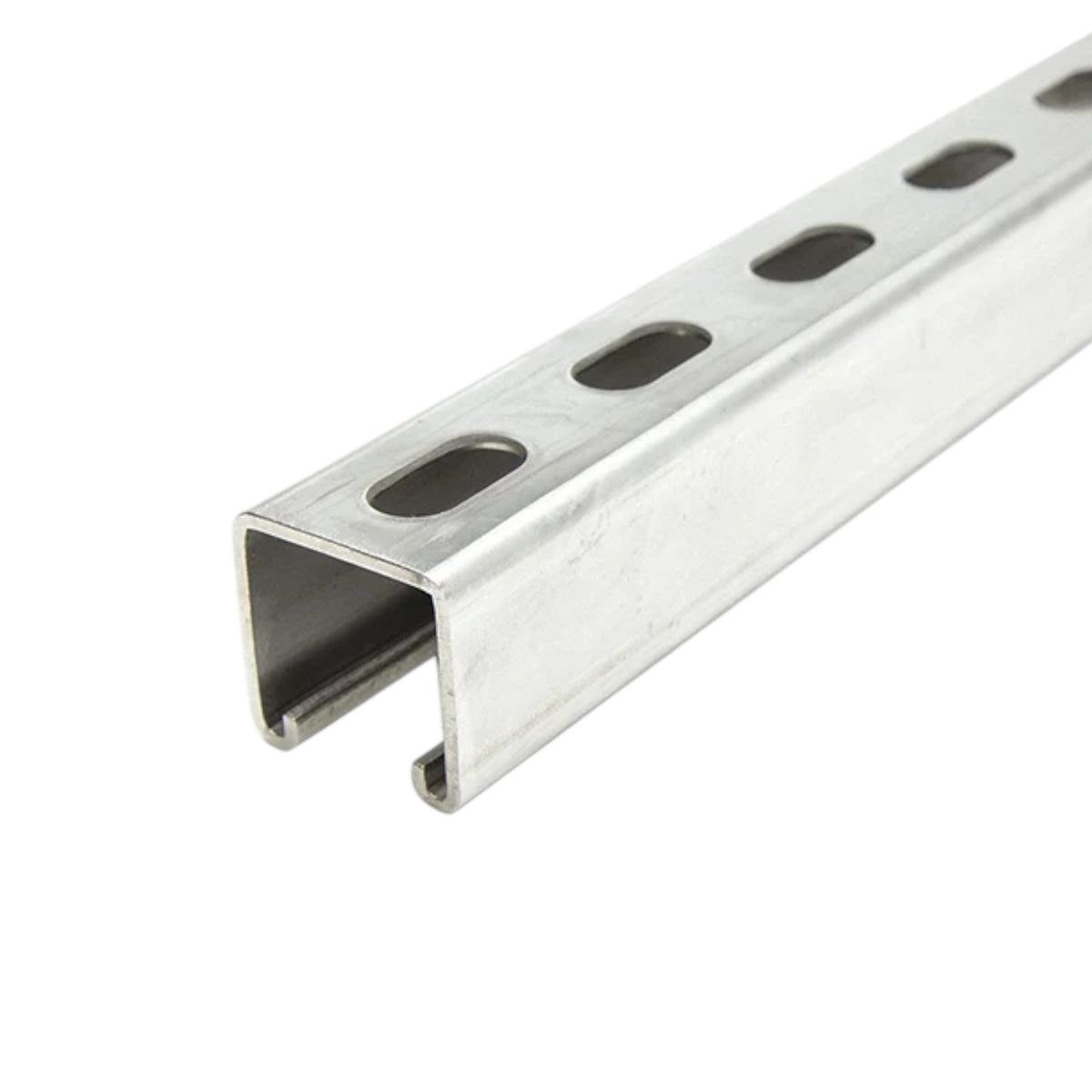 A silver metal channel strip with elongated oval cutouts, shown at an angle on a plain white background.