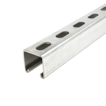 A silver metal channel strip with elongated oval cutouts, shown at an angle on a plain white background.