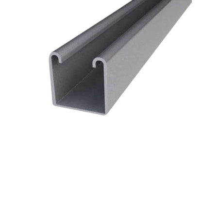 A gray U-shaped metal channel profile shown at an angle on a plain white background.