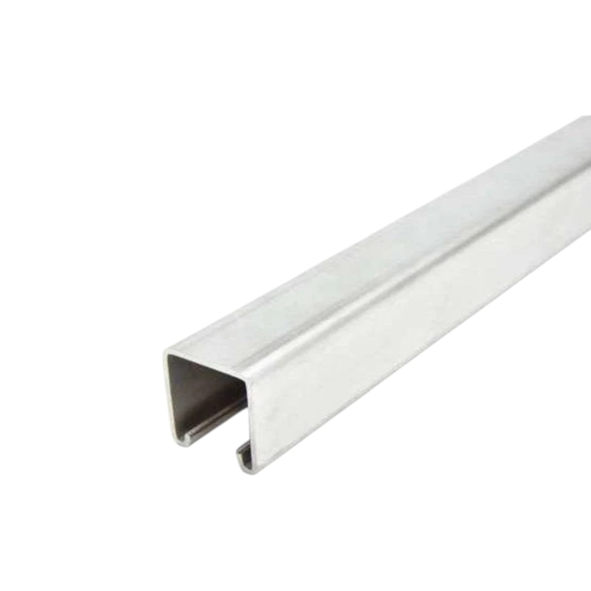 A long, narrow silver metal channel rail with a square cross-section, shown diagonally on a plain white background.