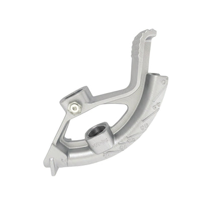 A silver metallic curved mechanical bracket or frame component with a threaded hole and a small screw fastener, shown on a plain white background.