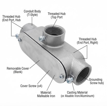 A cast iron double-threaded connector with labeled callouts showing the threaded hubs, threaded hub ends, grounding screw hub, removable cover, and malleable iron material on a white background.
