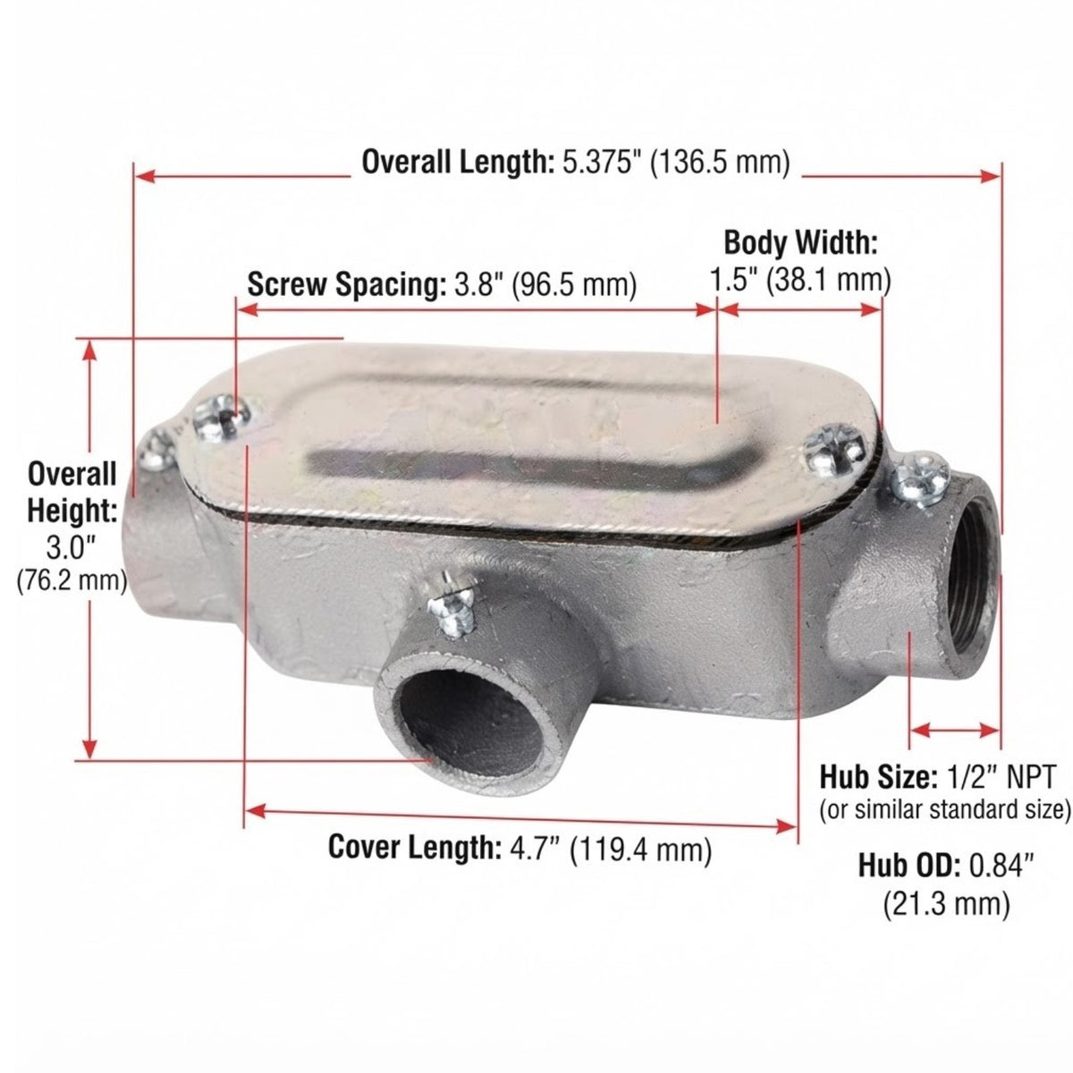 A metal plumbing fixture adapter with overlaid dimension lines and text showing overall length, body width, screw spacing, overall height, cover length, and hub size on a white background.