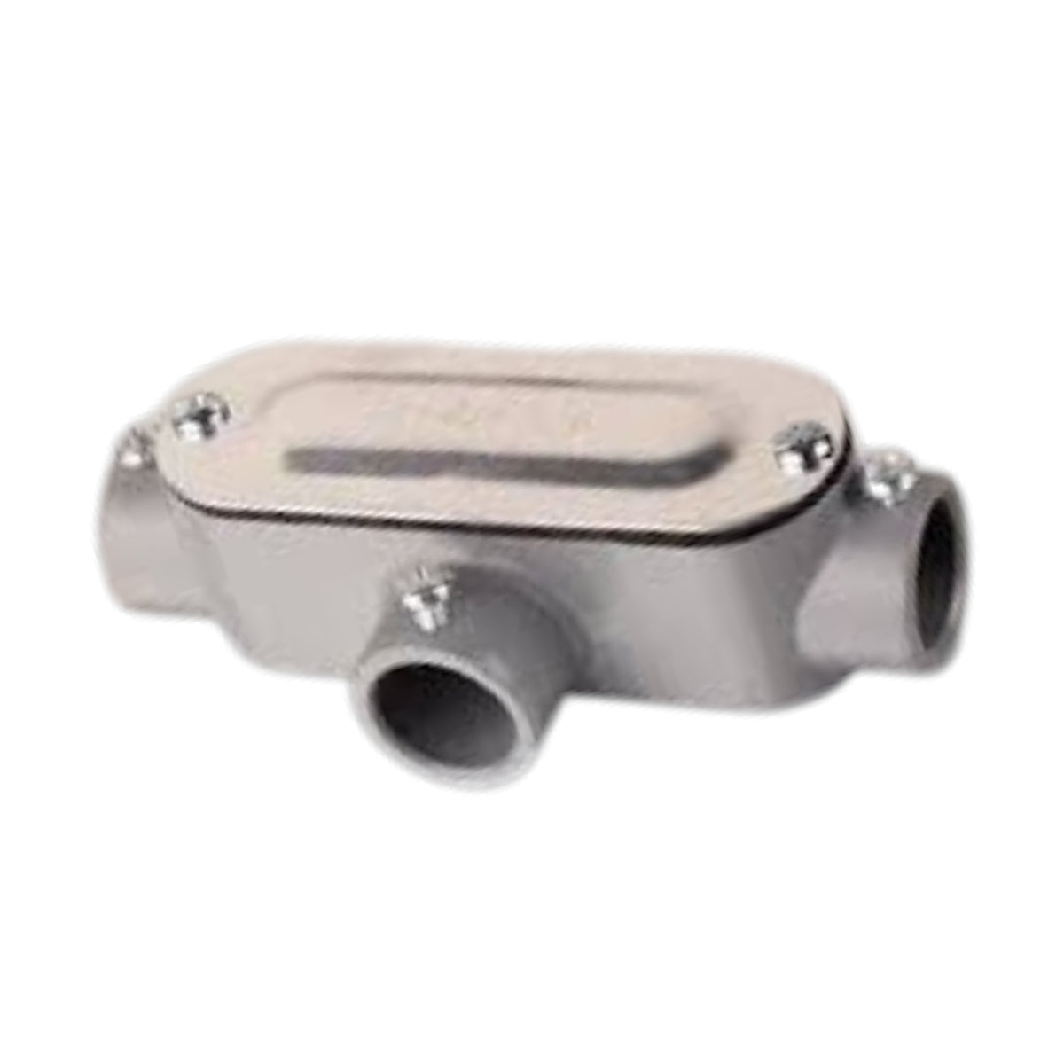 A metallic silver plastic or metal connector fitting with three cylindrical ports and a secured top cover, shown on a plain white background.