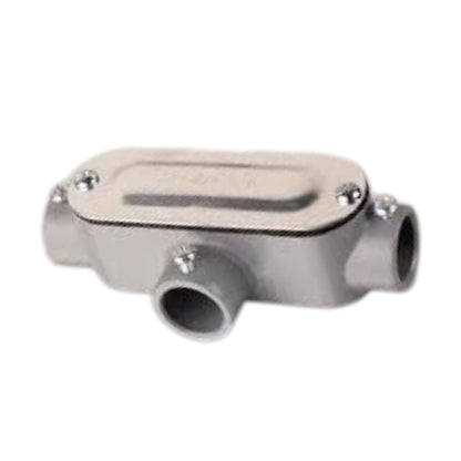 A metallic silver plastic or metal connector fitting with three cylindrical ports and a secured top cover, shown on a plain white background.