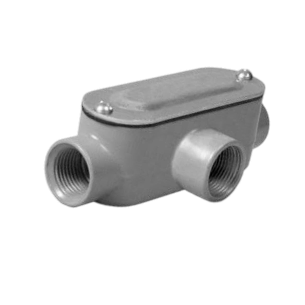 A gray plastic threaded pipe fitting with a rectangular top cover secured by two silver screws, shown on a plain white background.