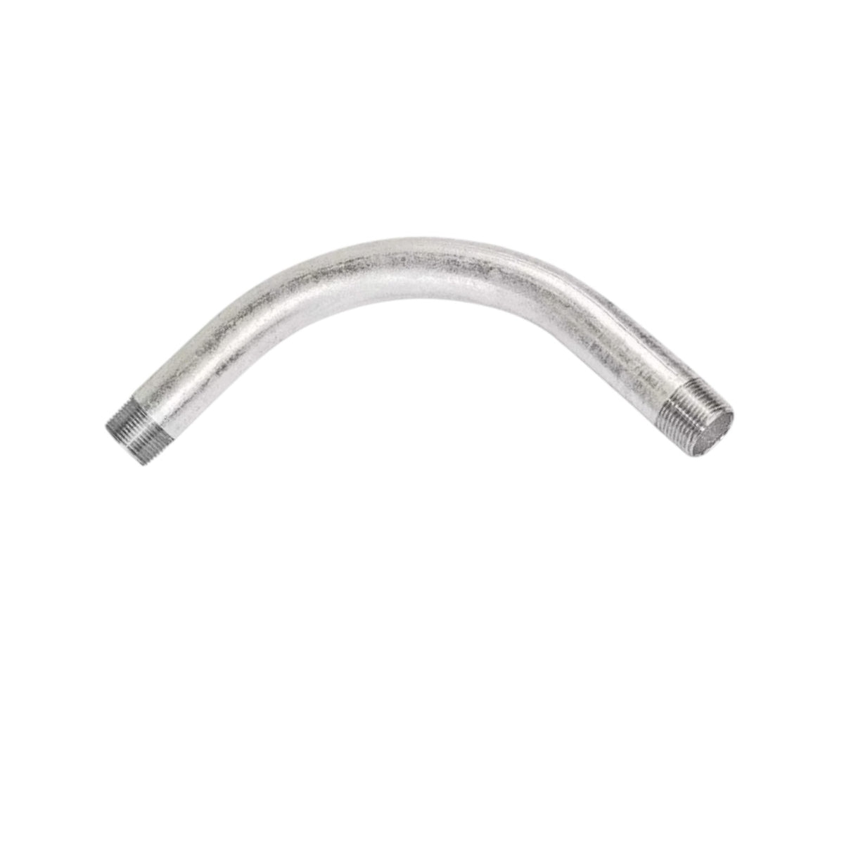 A curved galvanized metal pipe fitting with threaded ends, shown on a plain white background.