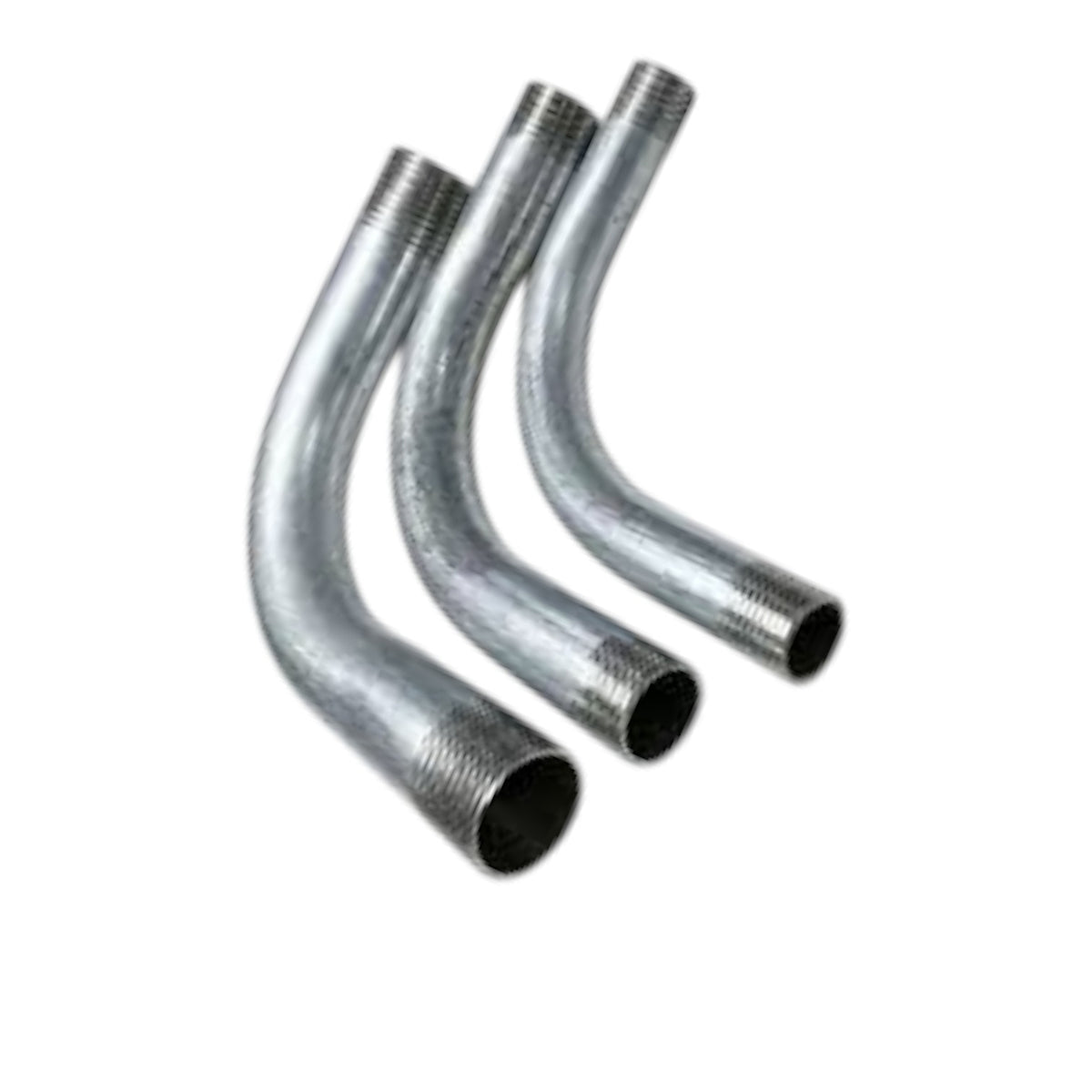 Three galvanized metal elbow pipes with threaded ends, arranged diagonally on a plain white background.