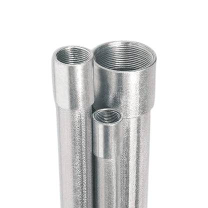 Three galvanized steel pipe couplers with threaded ends, shown on a plain white background.