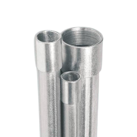 Three galvanized steel pipe couplers with threaded ends, shown on a plain white background.