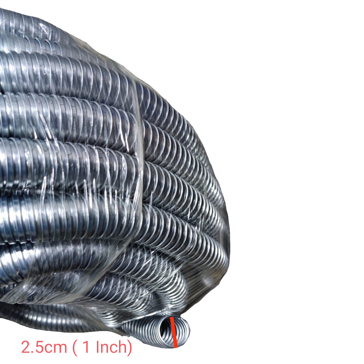 Coiled metal hose with a measurement label on a white background