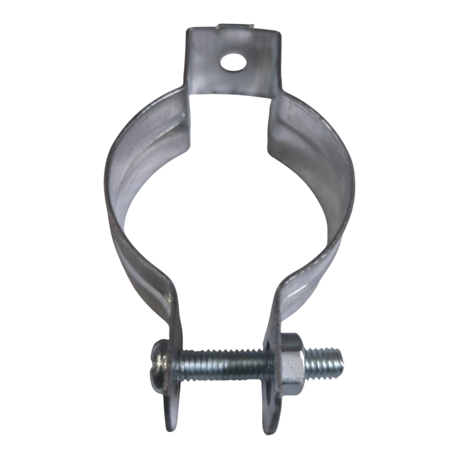 Galvanized steel pipe clamp with a wing nut and threaded bolt, shown on a plain white background.
