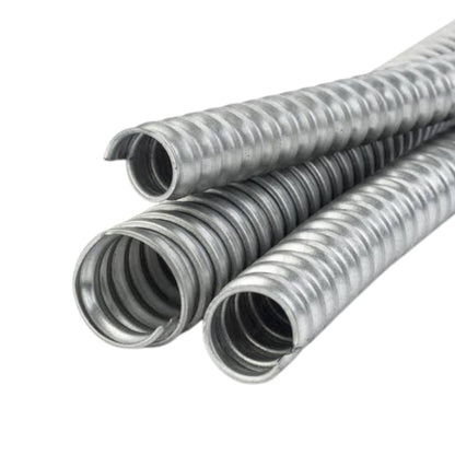 Three galvanized steel corrugated electrical conduits with open ends, arranged diagonally on a plain white background.