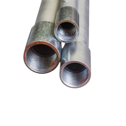 Three galvanized metal pipe sections with threaded ends, shown on a plain white background.