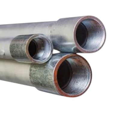 Three galvanized steel pipes with threaded ends, showing the metallic silver-zinc coated surface and rusty brown inner edges, isolated on a white background.