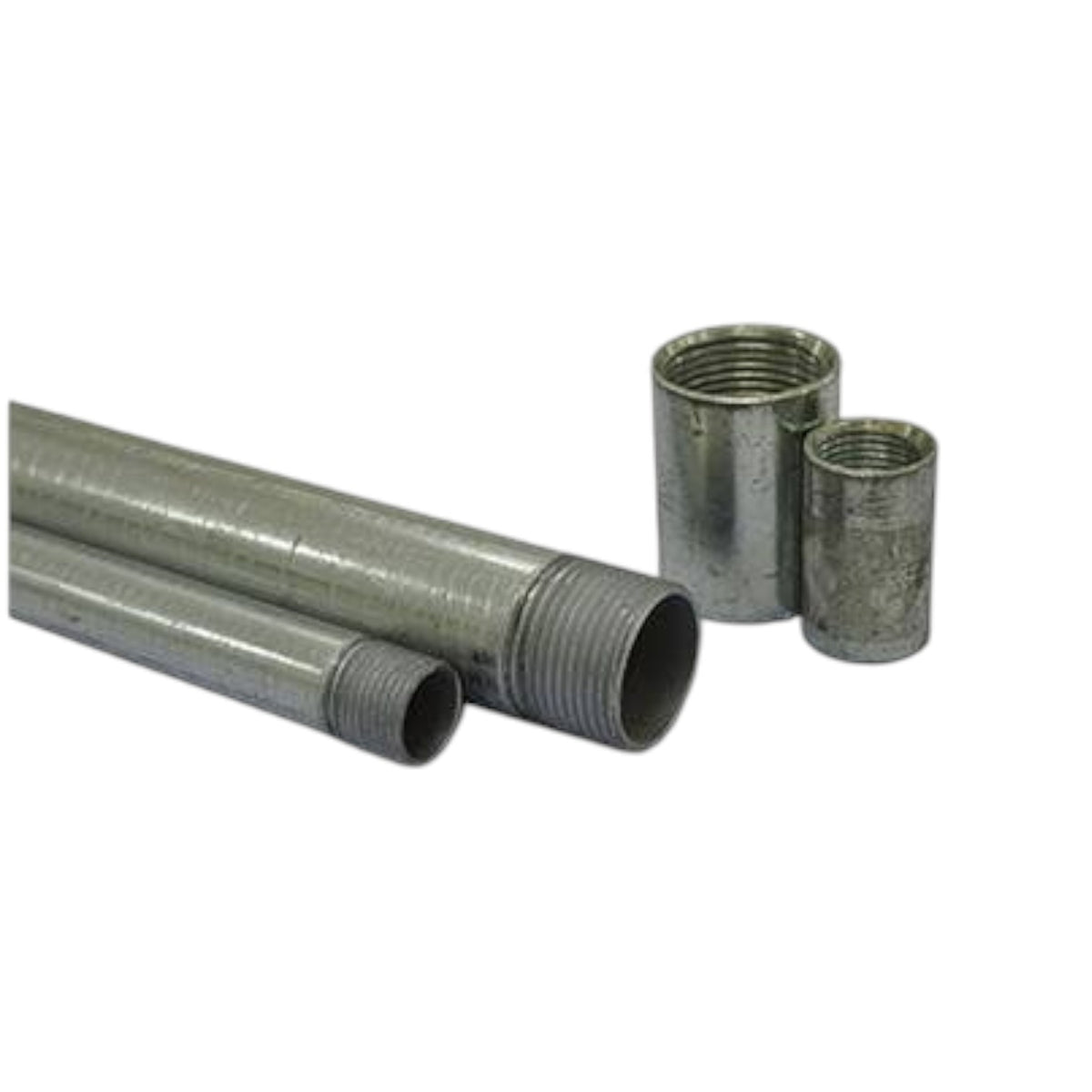 Galvanized metal pipe sections with threaded ends, including one long straight pipe and two short cylindrical pipe pieces, shown on a plain white background.