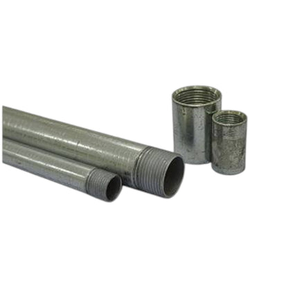 Galvanized metal pipe sections with threaded ends, including one long straight pipe and two short cylindrical pipe pieces, shown on a plain white background.