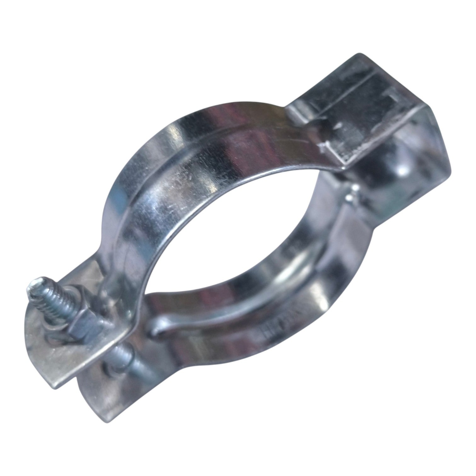 A galvanized steel pipe clamp with a hex bolt and nut, shown on a plain white background.