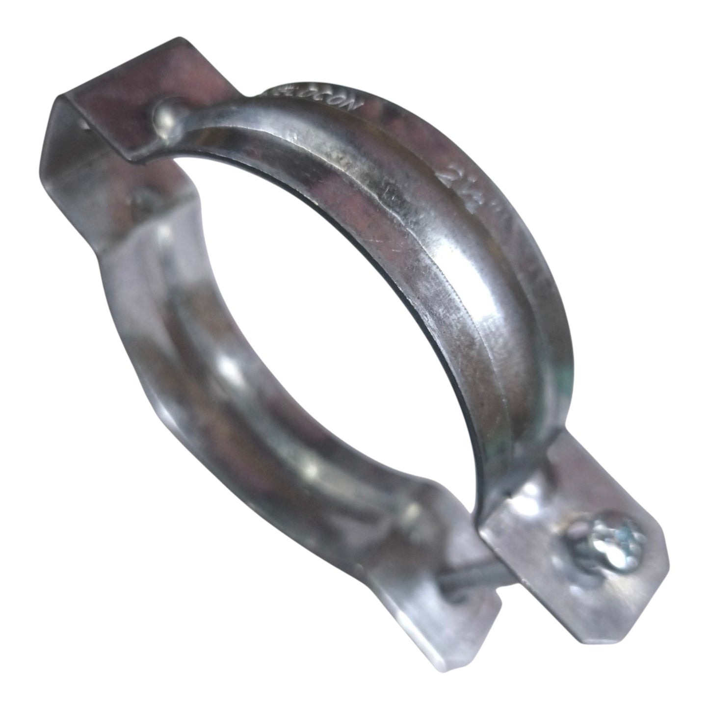 A galvanized steel hose clamp with a metallic silver finish, featuring a 2/4 inch size marking stamped on the upper curve, set against a plain white background.