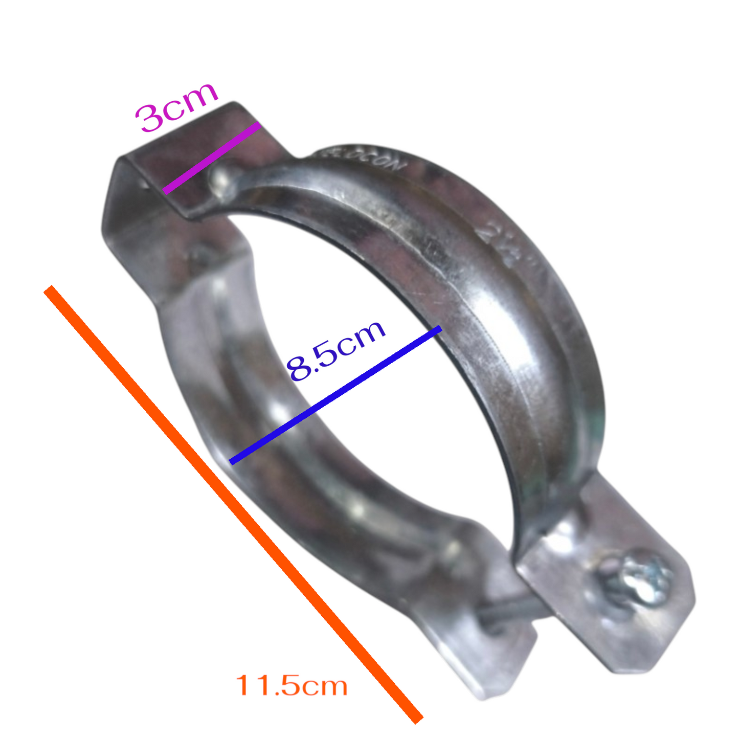 Metal hose clamp with dimension annotations showing 3cm width, 8.5cm inner diameter, and 11.