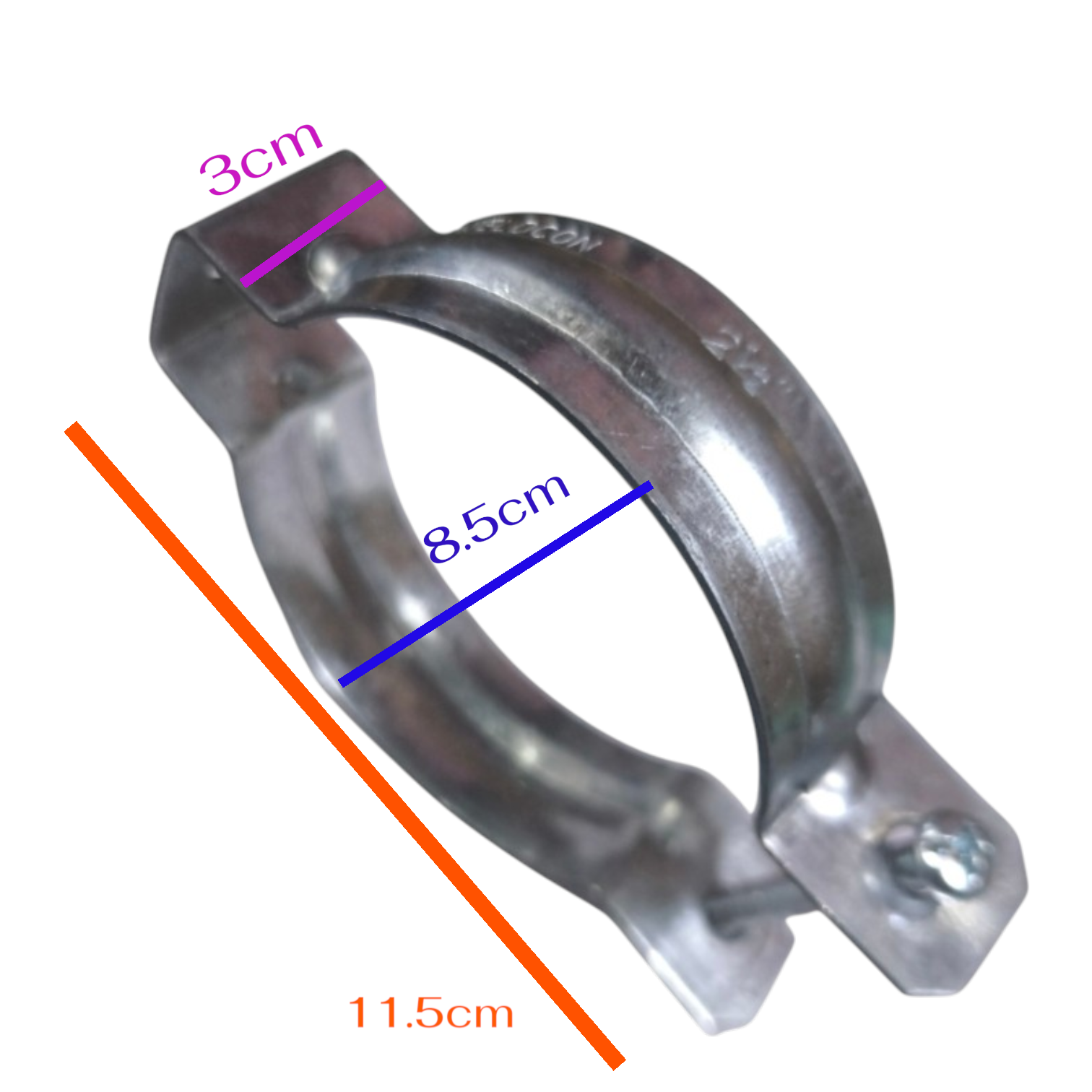 Metal hose clamp with dimension annotations showing 3cm width, 8.5cm inner diameter, and 11.