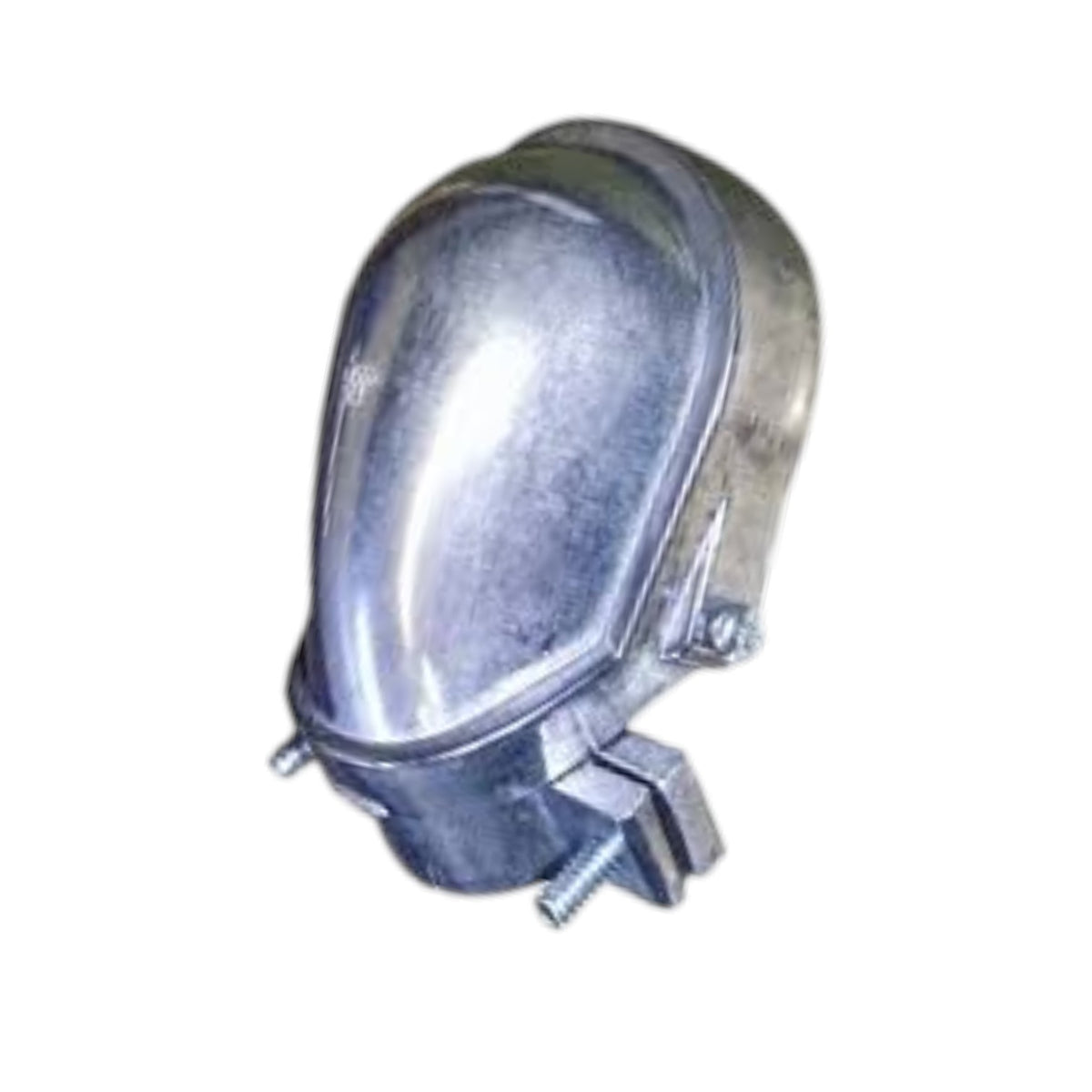 Two galvanized metal pipe couplers of different sizes on a plain white background.