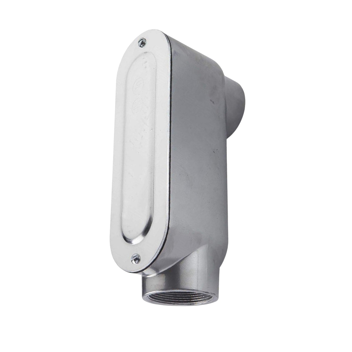 A stainless steel wall-mounted electrical junction box with a threaded connection at the bottom and a side outlet, shown on a plain white background.