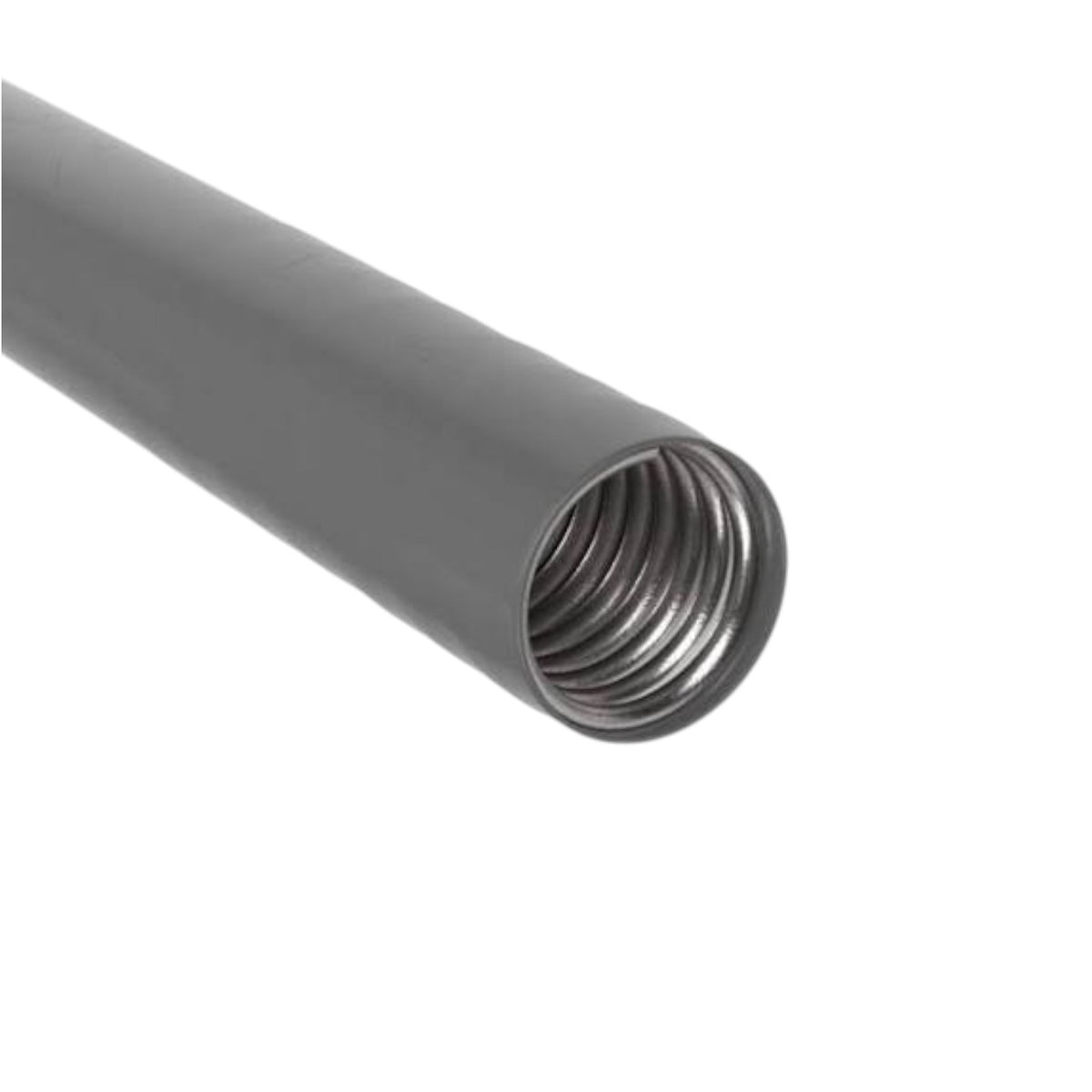 A close-up of a dark gray threaded pipe fitting or connector tube on a plain white background.