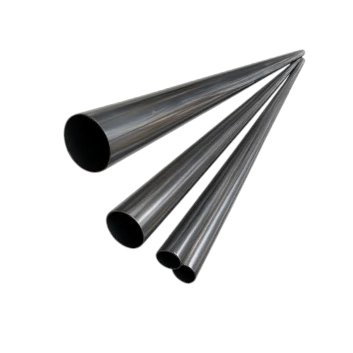 Three dark metallic cylindrical tubes arranged diagonally on a plain white background.