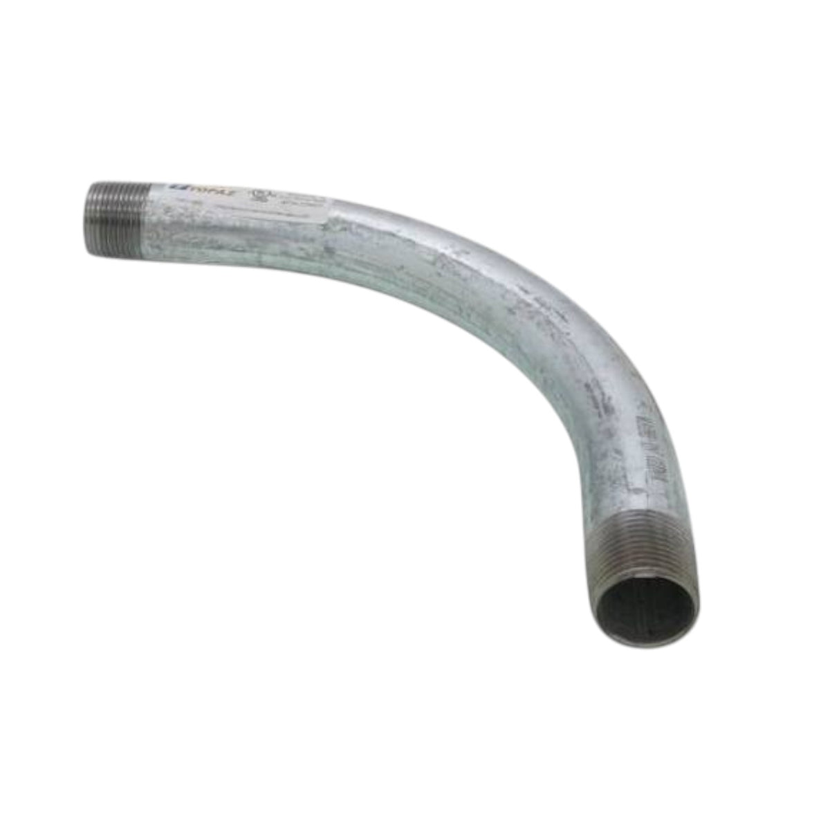 A curved galvanized metal pipe elbow with threaded ends, shown on a plain white background.