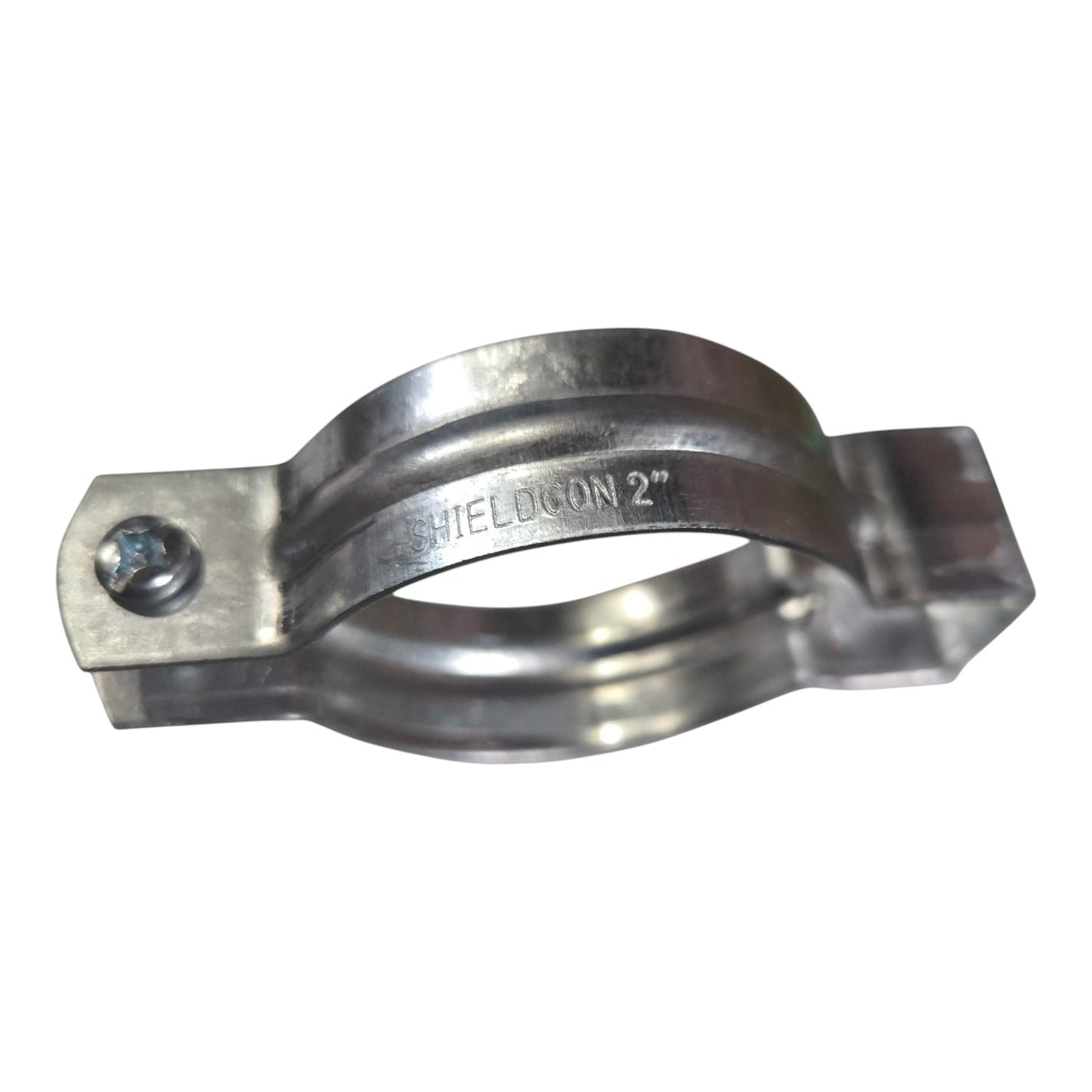 A galvanized steel clamp fitting with 'SHELDCON 2"' engraved on the inner band, shown on a plain white background.