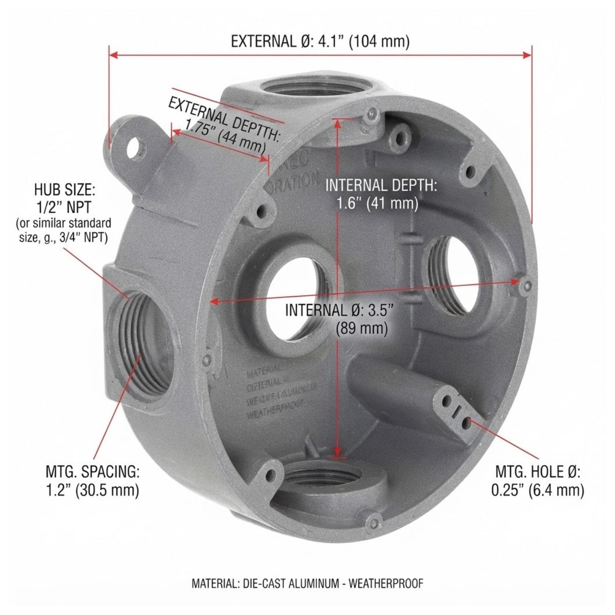 Technical dimension diagram of a die-cast aluminum weatherproof pump hub casting, showing external and internal measurements, mounting hole spacing, and hub size with red measurement lines and text labels on a white background.