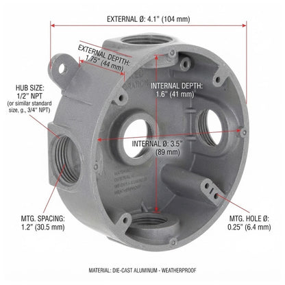 Technical dimension diagram of a die-cast aluminum weatherproof pump hub casting, showing external and internal measurements, mounting hole spacing, and hub size with red measurement lines and text labels on a white background.