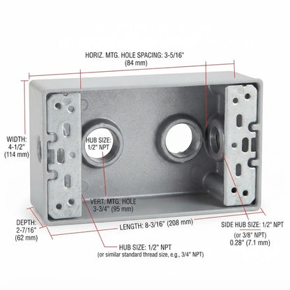 A cast iron double-threaded connector with labeled callouts showing the threaded hubs, threaded hub ends, grounding screw hub, removable cover, and malleable iron material on a white background.