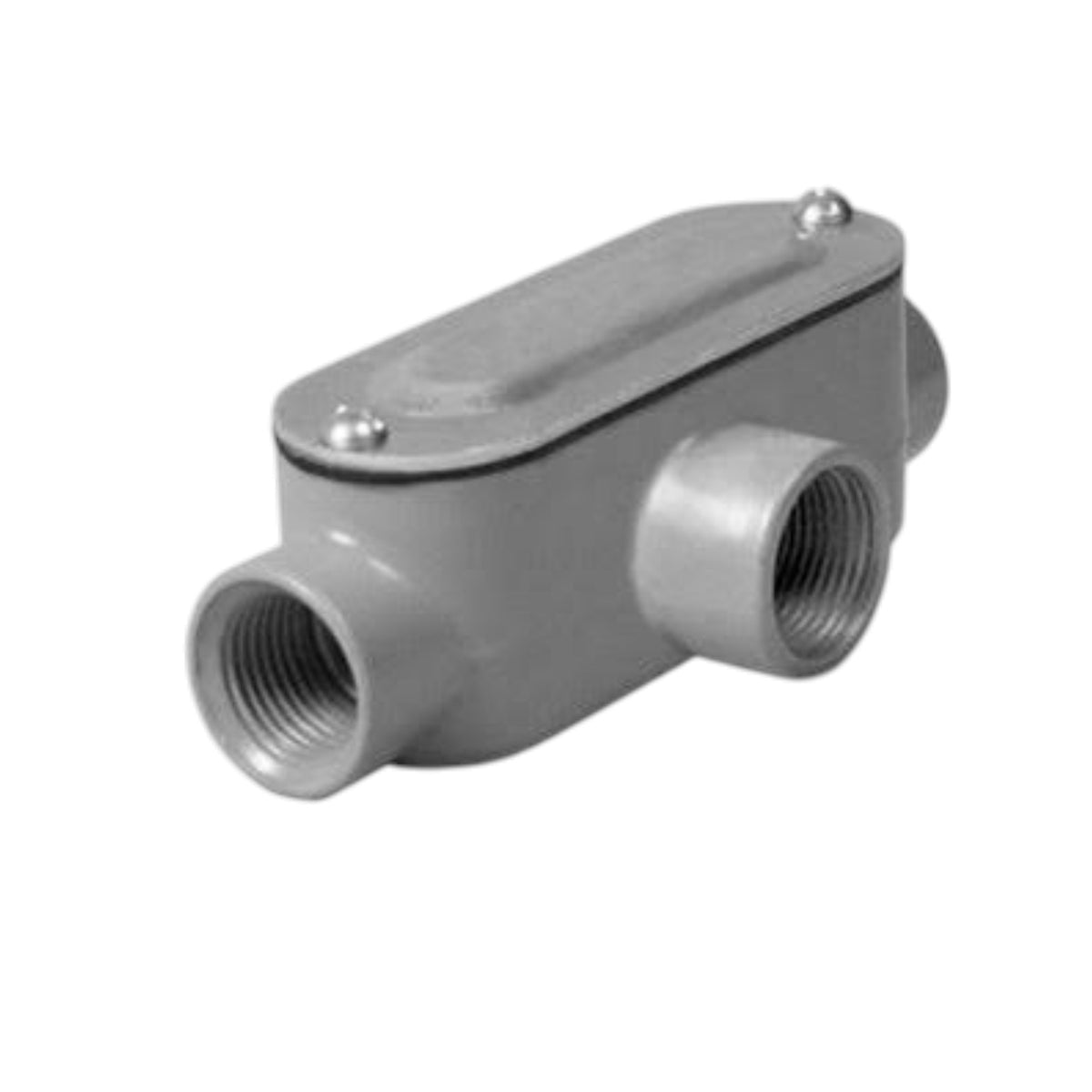 A gray plastic threaded pipe connector with a top cover secured by two screws, shown on a plain white background.