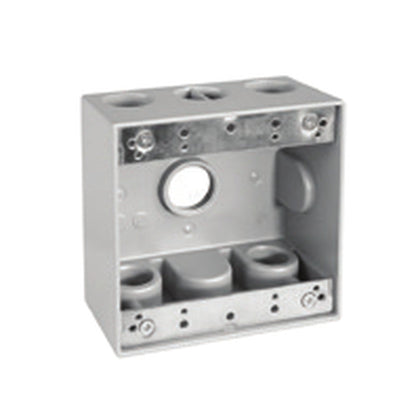 A silver metal electrical junction box with multiple screw terminals and circular openings, shown on a plain white background.