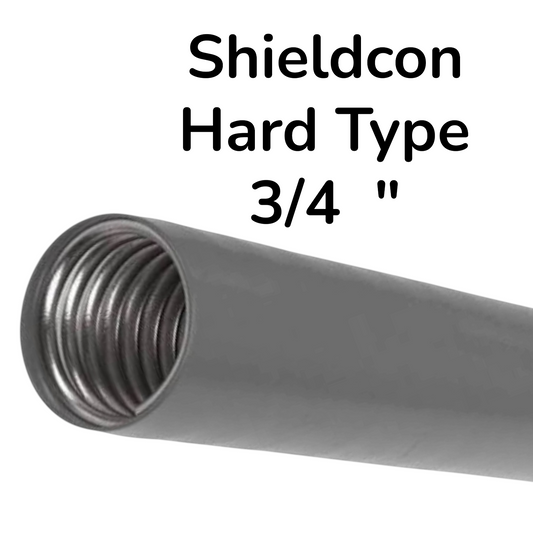 A close-up of a gray metal pipe fitting with a threaded interior, shown on a white background with the text 'Shieldcon Hard Type 3/4 "' above it.