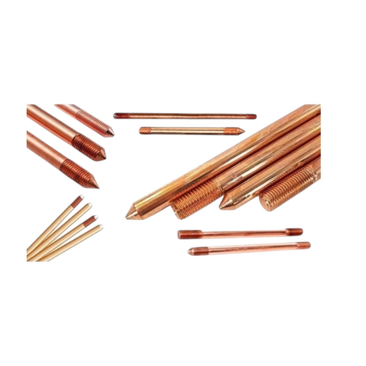 A set of copper-colored metal ground rods and studs with threaded and pointed tips, arranged on a plain white background.