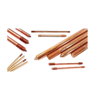 A set of copper-colored metal ground rods and studs with threaded and pointed tips, arranged on a plain white background.