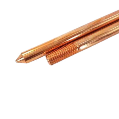 Two copper-colored metal rods, one with a pointed tip and the other threaded, shown on a plain white background.