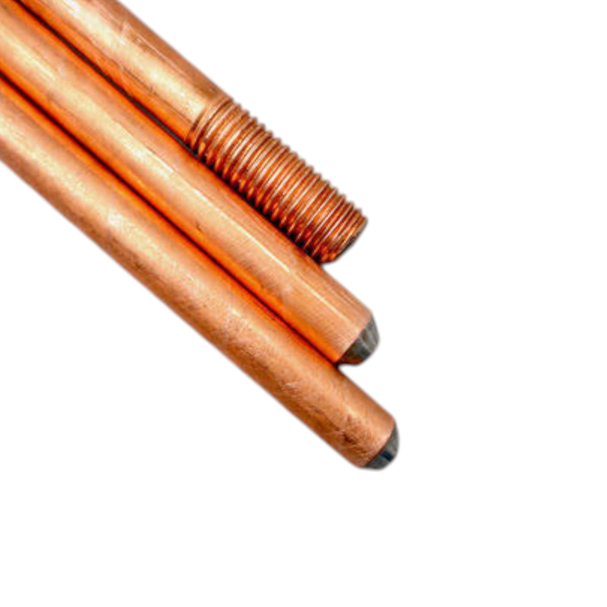 Three copper-colored metal rods, including one threaded rod, shown on a plain white background.