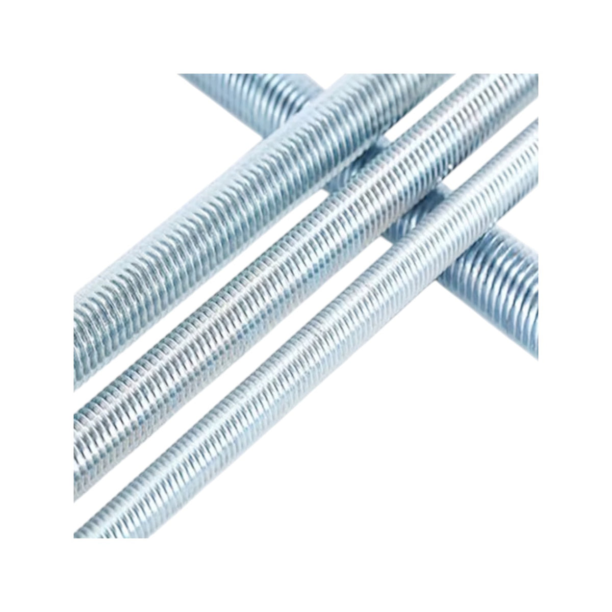 Four silver-colored galvanized steel threaded rods arranged diagonally on a plain white background.