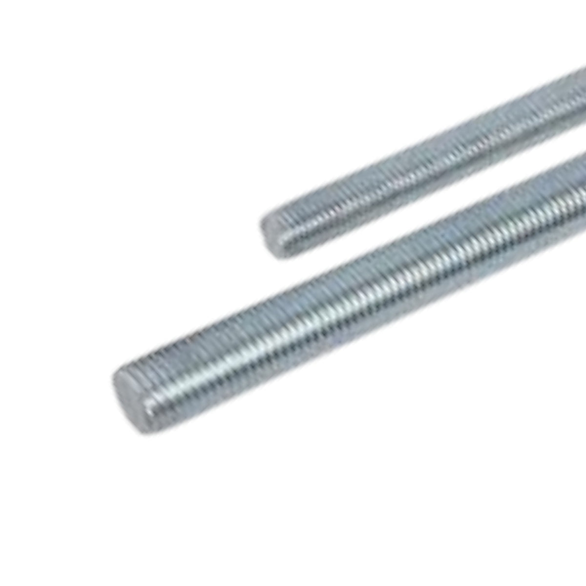 Two galvanized steel threaded rods shown diagonally on a plain white background.