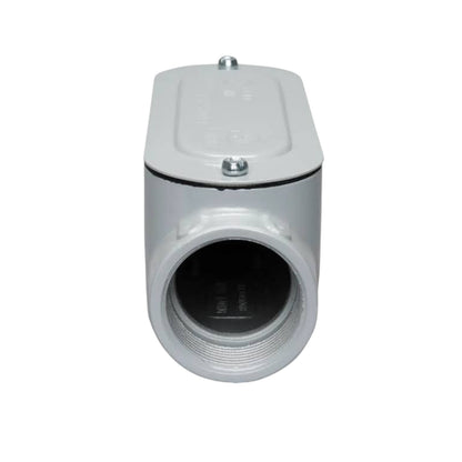 A gray plastic industrial pipe fitting with a threaded connection on one end and a secured top cap on the other, shown against a plain white background.