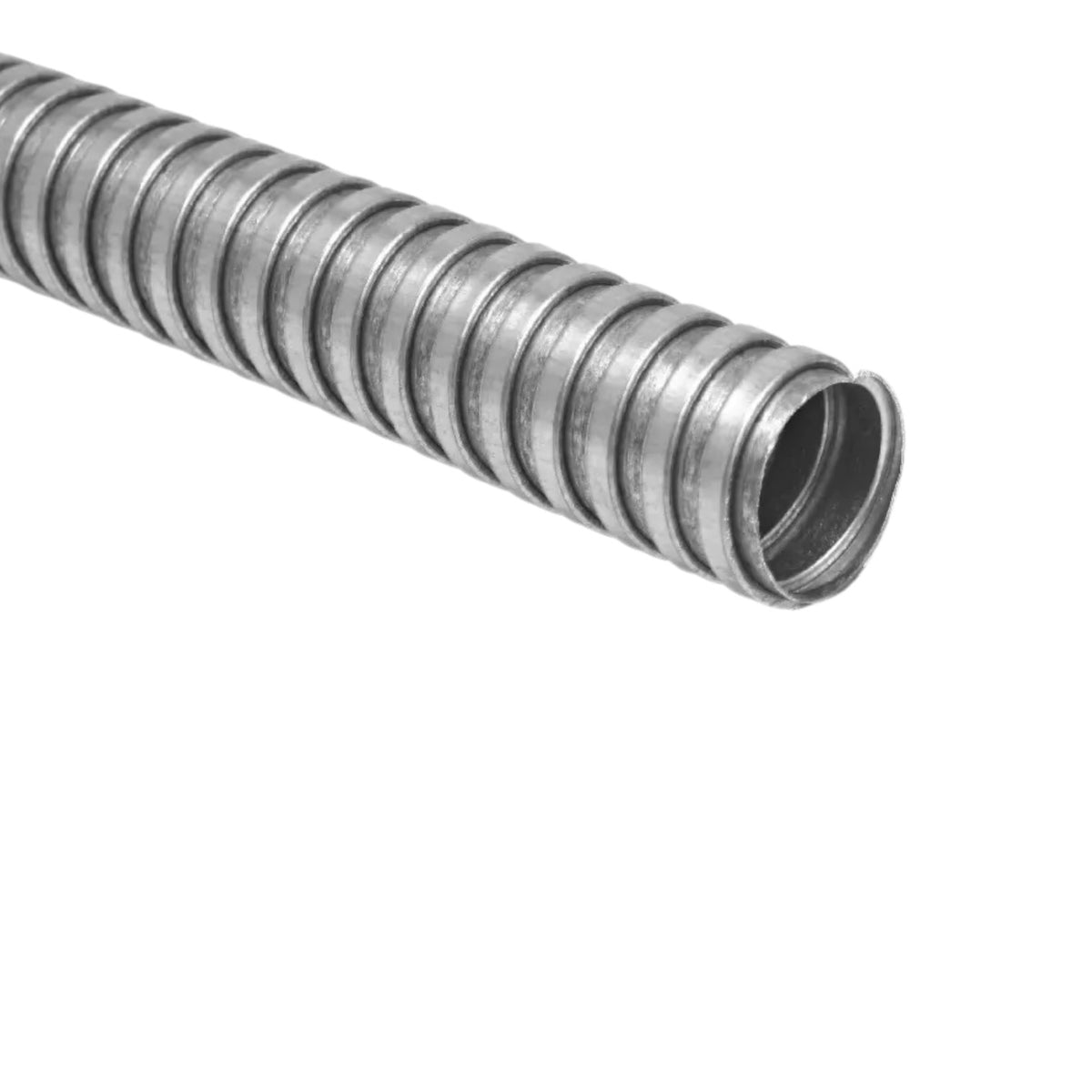 A close-up of a galvanized steel corrugated electrical cable protective conduit tube on a solid white background.