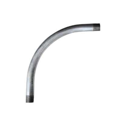 A curved metal pipe fitting with threaded ends, shown on a plain white background.