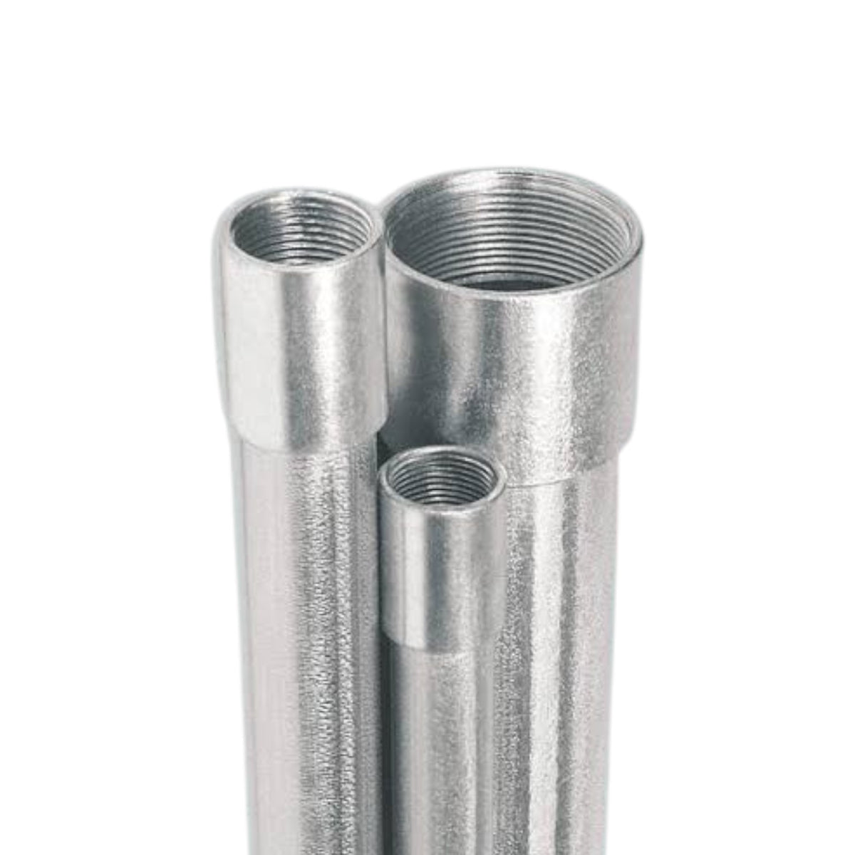 Three galvanized steel pipe couplers with threaded ends, shown on a plain white background.