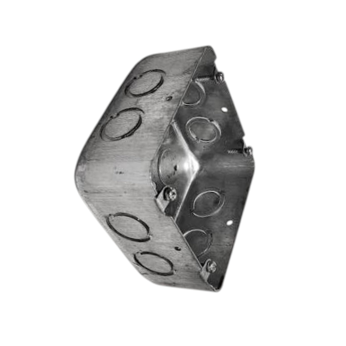 A galvanized steel electrical junction box with multiple circular terminal holes, shown on a plain white background.