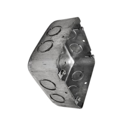 A galvanized steel electrical junction box with multiple circular terminal holes, shown on a plain white background.